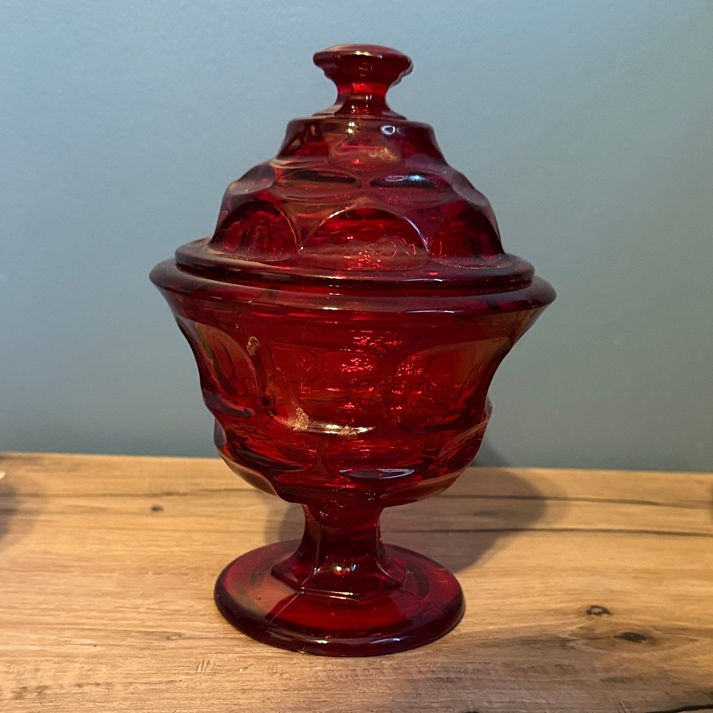 Fostoria Argus ruby red footed compote with lid